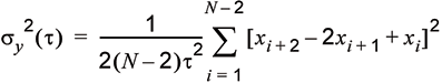 Equation 3. Allan Variance in terms of phase samples, x<sub>i</sub>, averaged over the period &tau;). When calculating over multiple periods &tau; = m.&tau;<sup>0</sup>.